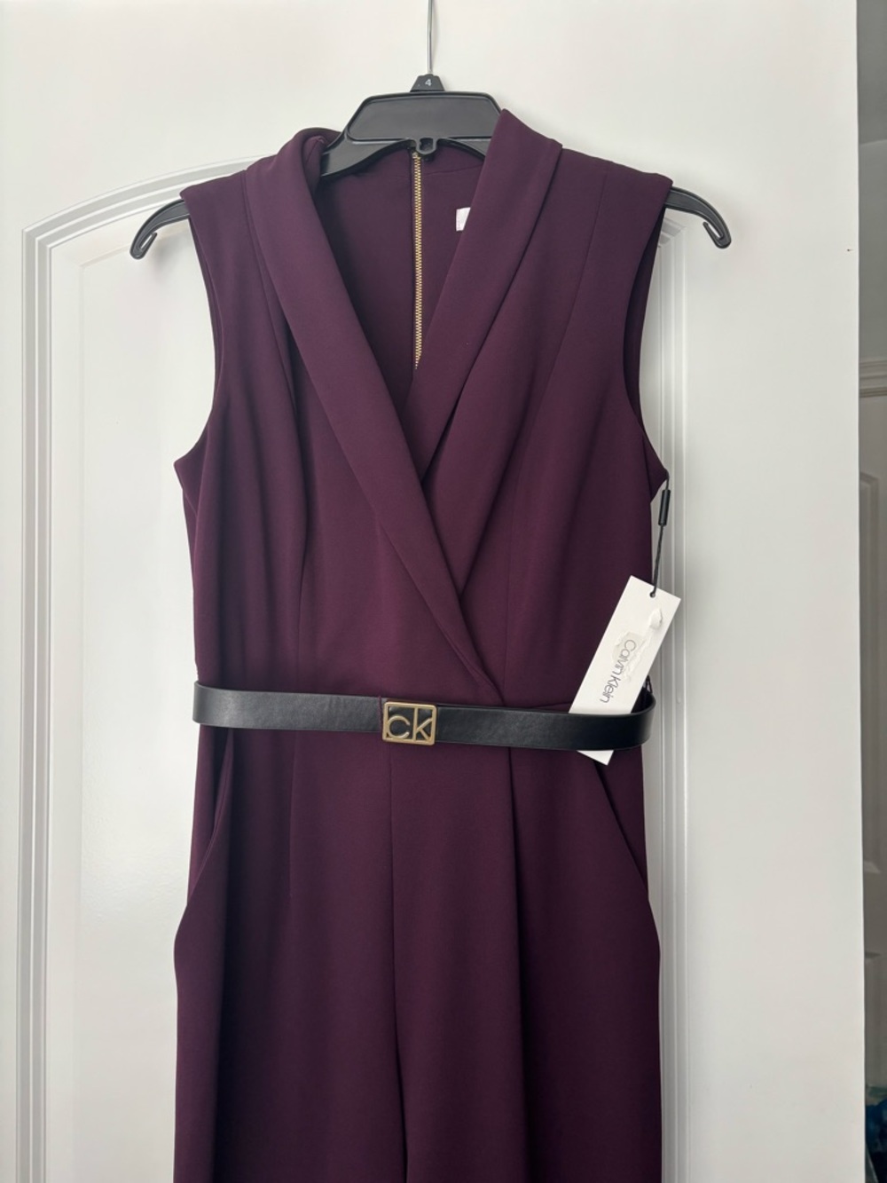 Calvin Klein Deep Plum Sleeveless Jumpsuit with Black Belt